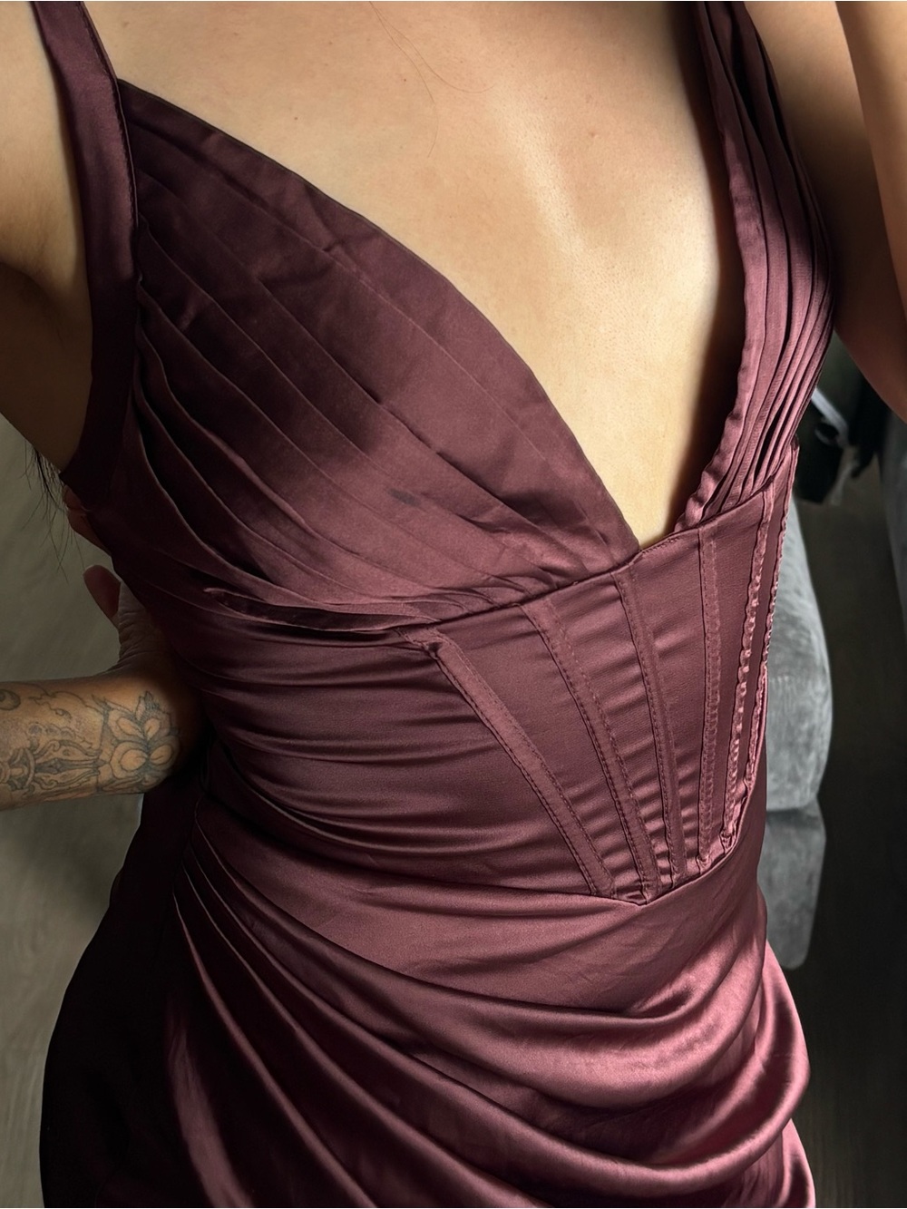 Plunge V-Neck Satin Midi Dress in Deep Burgundy